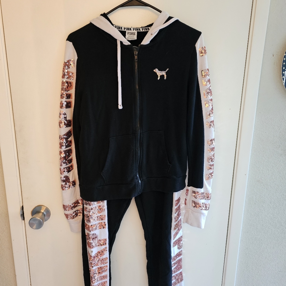 Victoria Secret Pink sequined sweat suit. Sweatshirt is small pants xs.